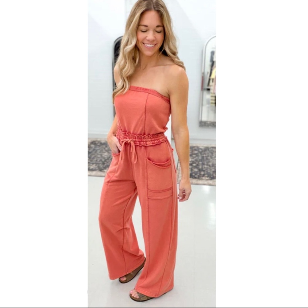 LovLov Caitlyn Strapless Luxe Mineral Washed Jumpsuit Coral NWT
